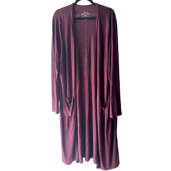 Torrid Long Open Front Cardigan Sweater Duster Burgundy Pockets Size 3 US 3X - Picture 1 of 5